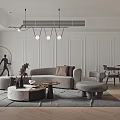 Modern Living Room Interior With Gray Sofa Round Coffee Table Gray Rug And Pendant Lights