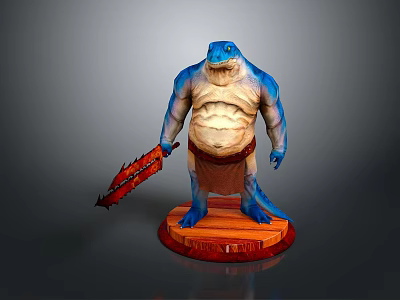 3D Game Movie Character With Blue Skin Potbellied Wielding Red Weapon Standing on Base 3d model