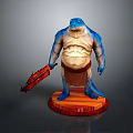 3D Game Movie Character With Blue Skin Potbellied Wielding Red Weapon Standing on Base