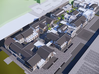 Traditional Commercial Street With Black Roofs Courtyard Green Plants And Stone Pavement 3d model