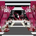 Banquet Hall Decorated For Wedding Party With Pink Floral Decor Chandeliers And Petals