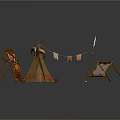 Rustic Teepee Tent Setup With Decorative Clothesline And Fabric Display Stands