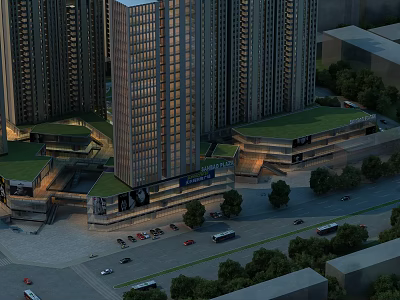 Modern High Rise Residential Building With Commercial Podium Greenery And Parking Area 3d model