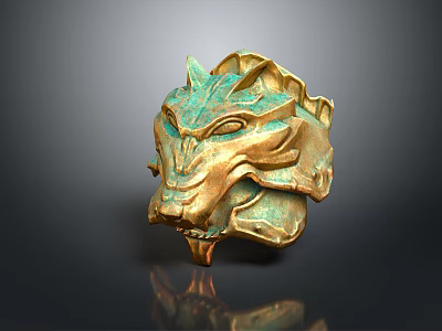 Elegant Verdigris and Golden Dragon Head Sculpture with Intricate Decorative Details 3d model