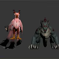 Pink Fluffy Bird With Red Crest And Green Dragon Creature With Spikes And Claws