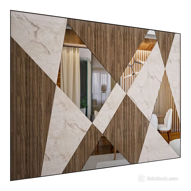 Modern Bed Background Wall Geometric Pattern Wooden Marble Panels Mirror Design Ideas 3d model
