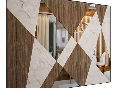 Modern Bed Background Wall Geometric Pattern Wooden Marble Panels Mirror Design Ideas 3d model