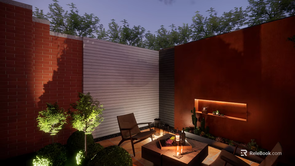 Cozy Courtyard Garden With Brick Wall Wooden Chairs Fire Pit And Lush Greenery 3d model 