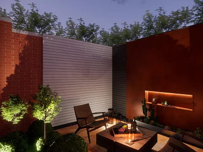 Cozy Courtyard Garden With Brick Wall Wooden Chairs Fire Pit And Lush Greenery 3d model
