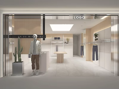 Modern Fashion Clothing Store Interior With Mannequin Cactus Display Table And Displayed Pants 3d model