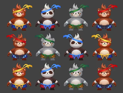 Cartoon Animal Game Movie Characters with Different Colored Headbands and Martial Arts Outfits 3d model