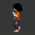 Cheerful Cartoon Girl With Black Short Hair In Red Embroidered Jacket And Blue Pants Dancing
