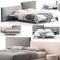 Modern Double Bed with Upholstered Headboard White Sheets Plaid Blanket Gray Comforter and Side Table 3d model