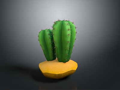 Two Green Spiky Cactus Plants Growing On Yellow Sandy Base With Gray Background 3d model