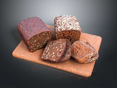 Fresh Whole Grain Bread Loaves With Seeds Sliced On Wooden Cutting Board 3d model