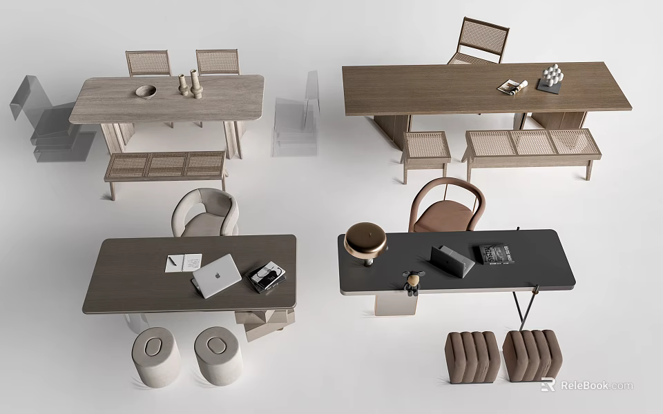 Modern Desk Designs Featuring Wooden And Black Top Surfaces With Chair Notebook And Coffee Cup 3d model 