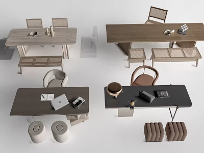 Modern Desk Designs Featuring Wooden And Black Top Surfaces With Chair Notebook And Coffee Cup 3d model