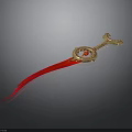 Decorative Golden Weapon With Red Ribbon Dragon Head And Circular Ornament Design