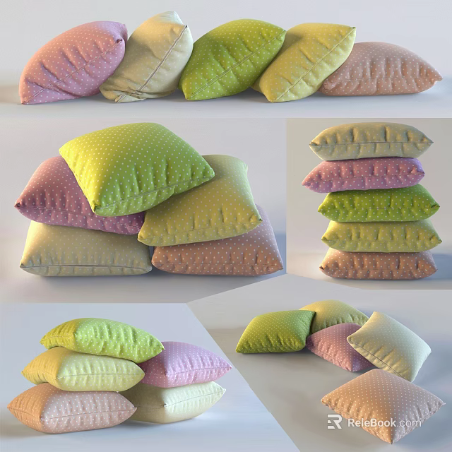 Colorful Decorative Pillows With Polka Dot Patterns And Various Soft Colors 3d model 