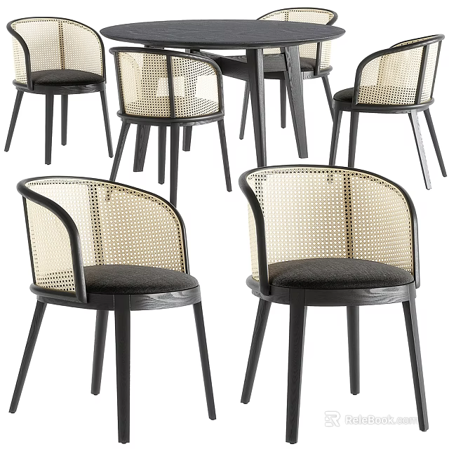 Dining Table Set with Rattan Backrest Black Seat and Sturdy Wood Legs 3d model 