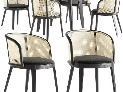 Dining Table Set with Rattan Backrest Black Seat and Sturdy Wood Legs 3d model
