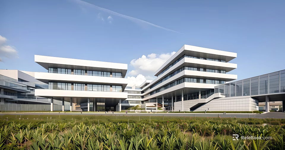 Modern Multi Storey School Building With White Exterior Large Glass Windows And Green Lawns 3d model 