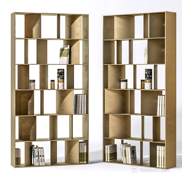 Modern Gold Bookcase With Open Geometric Cubes Displaying Books And Decorative Items 3d model 