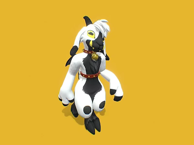 Cartoon Game Character With Black And White Fur Yellow Eyes Red Collar With Gold Bell 3d model