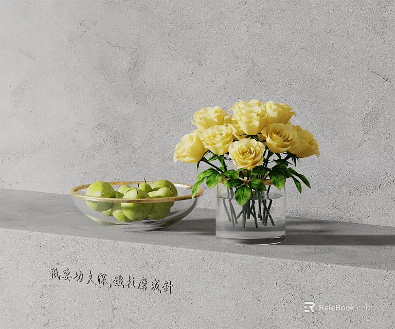 Transparent Vase With Yellow Roses And Glass Bowl Of Green Apples On Gray Countertop 3d model 