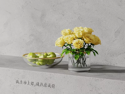 Transparent Vase With Yellow Roses And Glass Bowl Of Green Apples On Gray Countertop 3d model