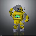 Yellow Mechanical Robot With Transparent Dome Head Green Digital Display And Gray Joint Parts