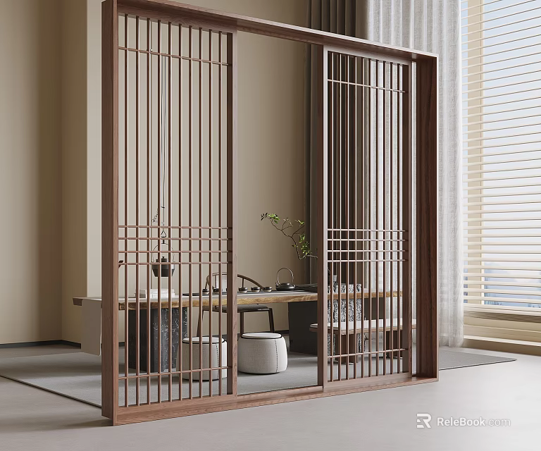 Wooden Lattice Sliding Doors In Serene Indoor Tea Room With Table Plant And Window Blinds 3d model 