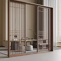 Wooden Lattice Sliding Doors In Serene Indoor Tea Room With Table Plant And Window Blinds