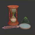 Vintage Desk Setup With Wooden Hourglass Brass Bell And Magnifying Glass