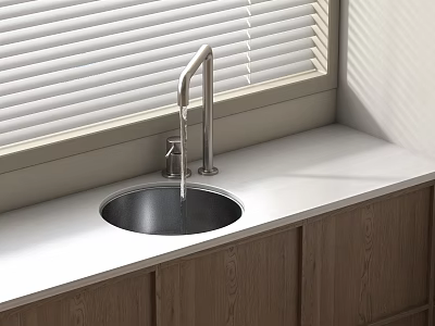 Sleek Modern Kitchen Sink With Stainless Steel Faucet On White Countertop And Wooden Cabinets 3d model