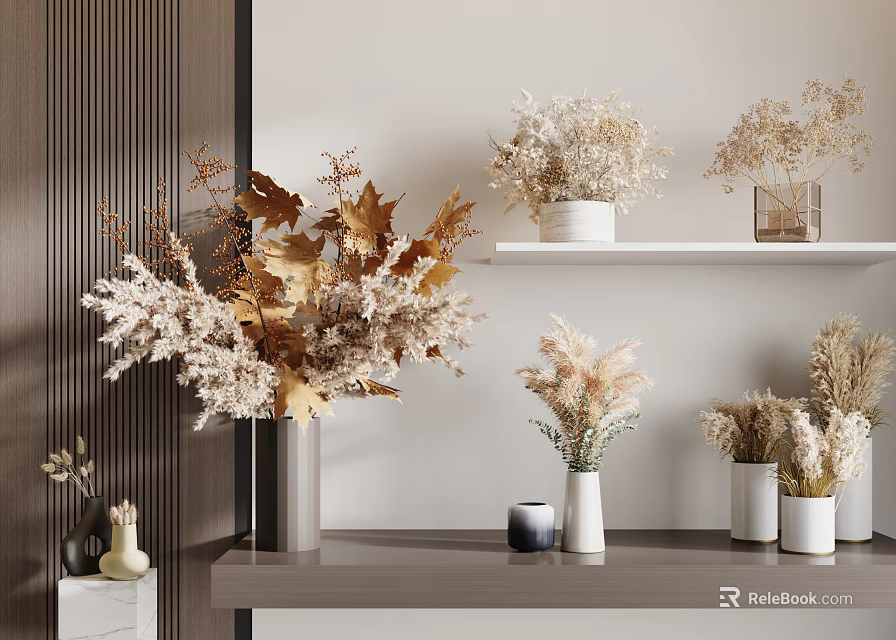 Multiple Vases with Dried Flowers in Neutral and Golden Tones for Modern Home Decor 3d model 