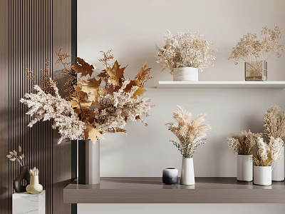 Multiple Vases with Dried Flowers in Neutral and Golden Tones for Modern Home Decor 3d model
