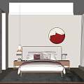 Modern Bedroom With Wooden Bed Red Circular Wall Art Large Window And Rug