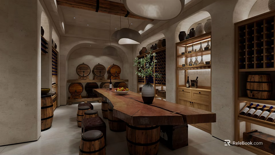 Rustic Wine Cellar Interior With Wooden Barrels Long Table And Wine Racks 3d model