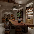 Rustic Wine Cellar Interior With Wooden Barrels Long Table And Wine Racks 3d model