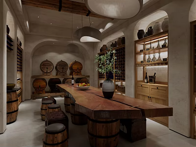 Rustic Wine Cellar Interior With Wooden Barrels Long Table And Wine Racks 3d model