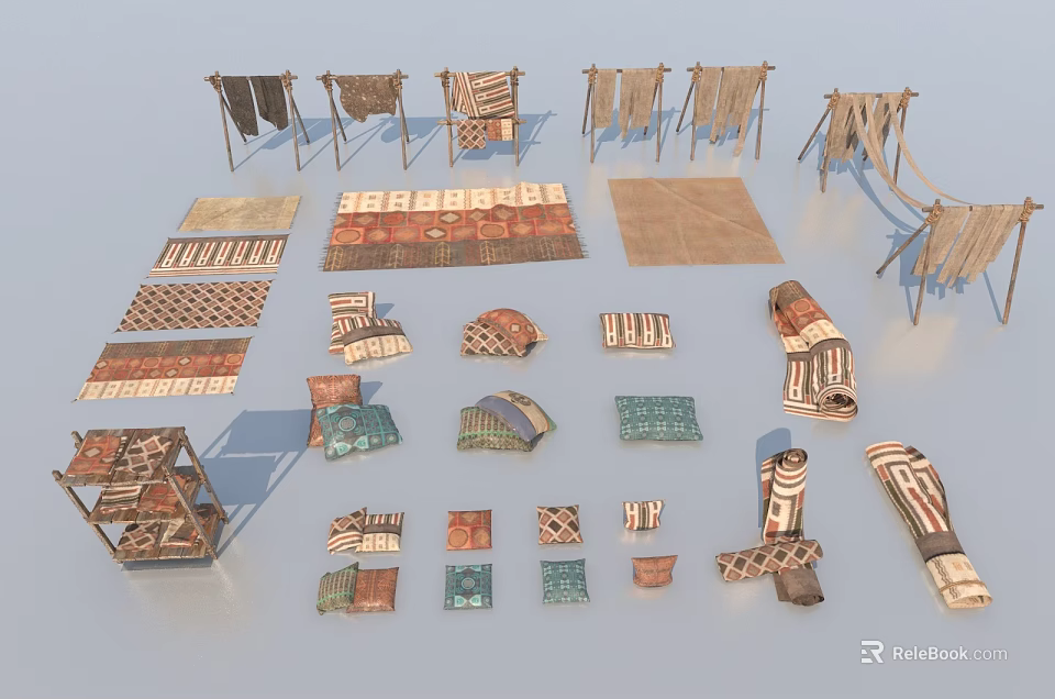 Colorful Square Carpets with Diverse Patterns Displayed on Hanging Racks 3d model