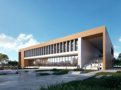 Modern Style Building With Large Glass Windows Brown Roof Front Plaza Steps And People Activity 3d model