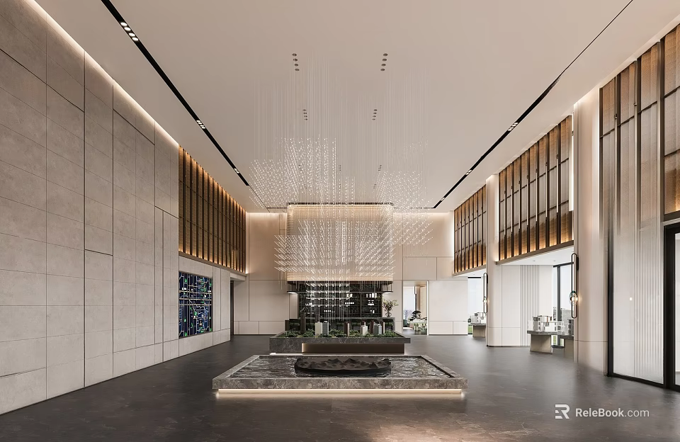 Modern Luxurious Sales Office Interior Design With Large Chandelier Marble Floor And Wall Decor 3d model 