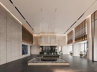 Modern Luxurious Sales Office Interior Design With Large Chandelier Marble Floor And Wall Decor 3d model