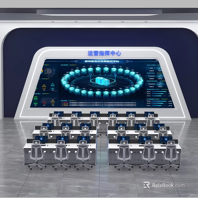 Modern Monitoring Room As Command Center With Digital Screens And Workstations 3d model 
