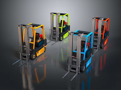 Colorful Industrial Forklifts In Various Colors On Dark Reflective Background 3d model