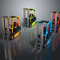 Colorful Industrial Forklifts In Various Colors On Dark Reflective Background