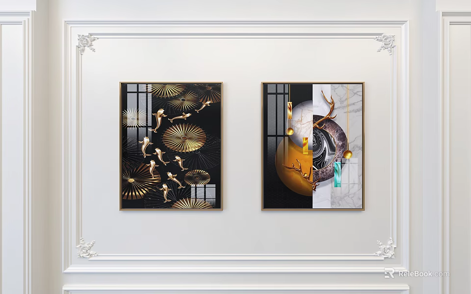 Modern Decorative Paintings With Gold Elements Deer And Black Background On White Wall 3d model 