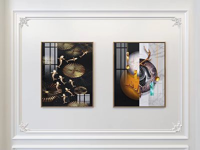 Modern Decorative Paintings With Gold Elements Deer And Black Background On White Wall 3d model
